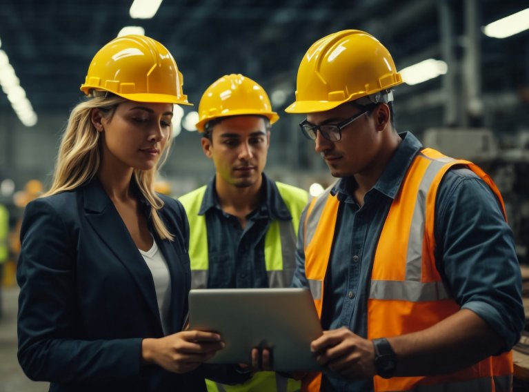 Baretli mühendisler üretim sahasında tablet üzerinde çalışıyor