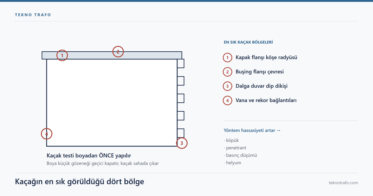 Trafo kazanı kaçak testi şeması: basınçlandırma, köpük taraması ve kaçağın en sık bulunduğu dört bölge