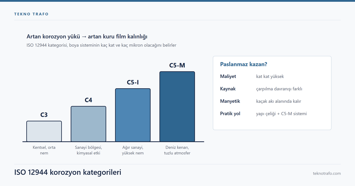 ISO 12944 korozyon kategorilerine göre trafo kazanı gövde malzemesi ve kaplama kalınlığı karar şeması